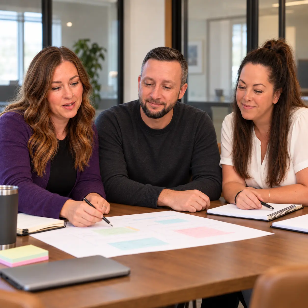 Sarah, Alex and Alyssa reviewing a shared plan at a workshop table.