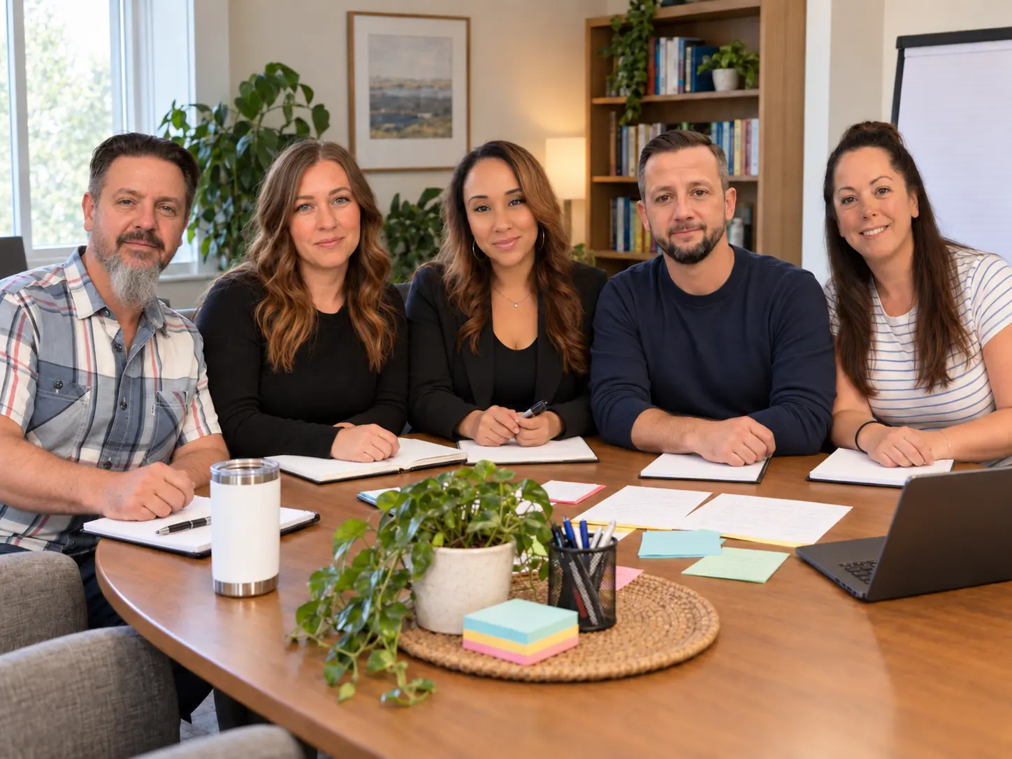 Dave Bonaiuto, Sarah Cameron, Annabys Jordan, Alexander Waitt and Alyssa Galletto seated together at a workshop table.