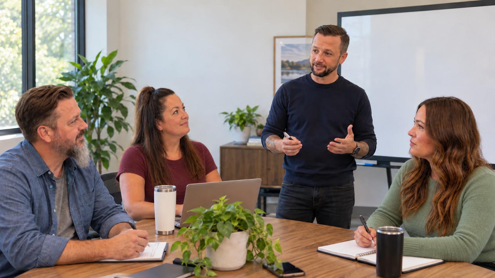 An AMIGA colleague facilitating a small-group discussion beside a whiteboard.