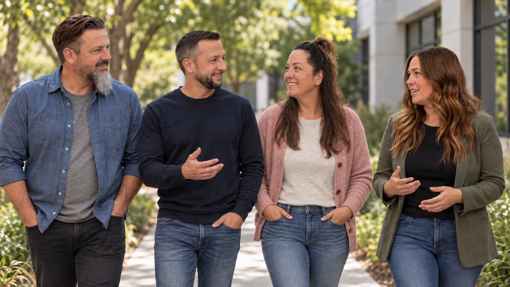 Four AMIGA team members walking and talking together outdoors.