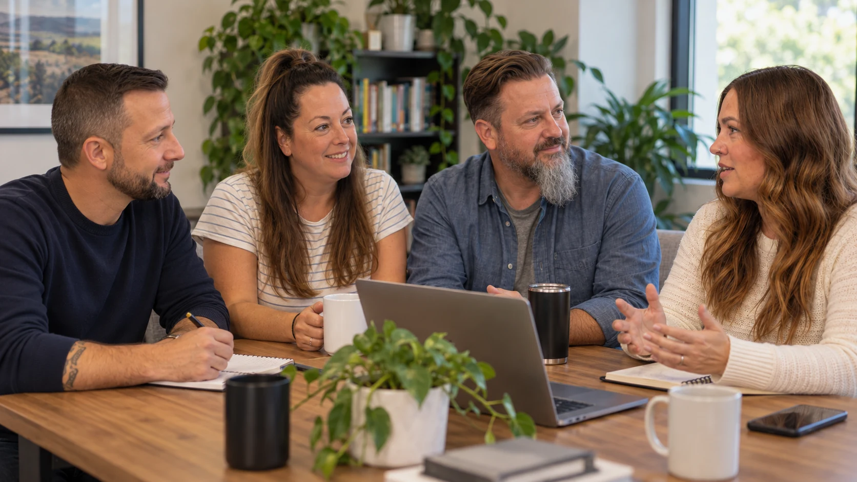 Four AMIGA colleagues sharing ideas around a table.